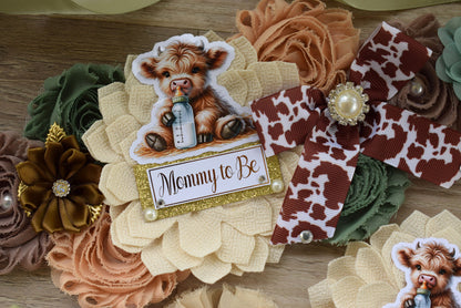 Sage Highland Cow Baby Shower, Sage Tan Brown Maternity Sash, Boy Highland Mommy To Be Pin, Daddy To Be Pin, Boy Highland Cow Corsage Pin - Celebrations By Cris