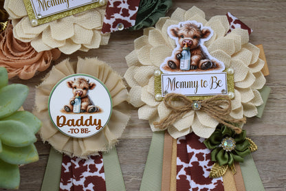 Sage Highland Cow Baby Shower, Sage Tan Brown Maternity Sash, Boy Highland Mommy To Be Pin, Daddy To Be Pin, Boy Highland Cow Corsage Pin - Celebrations By Cris