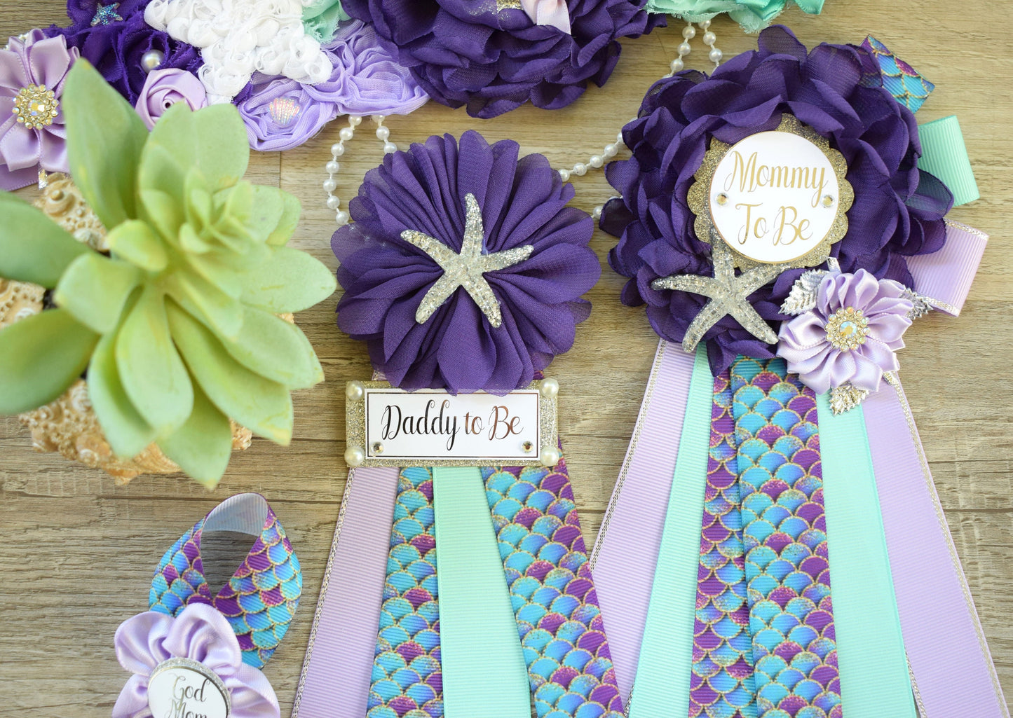 Mermaid Baby Shower, Purple Aqua Silver Maternity Sash, Mermaid Mommy To Be Pin, Daddy To Be Badge Pin, Mermaid Family Pin, Custom - Celebrations By Cris