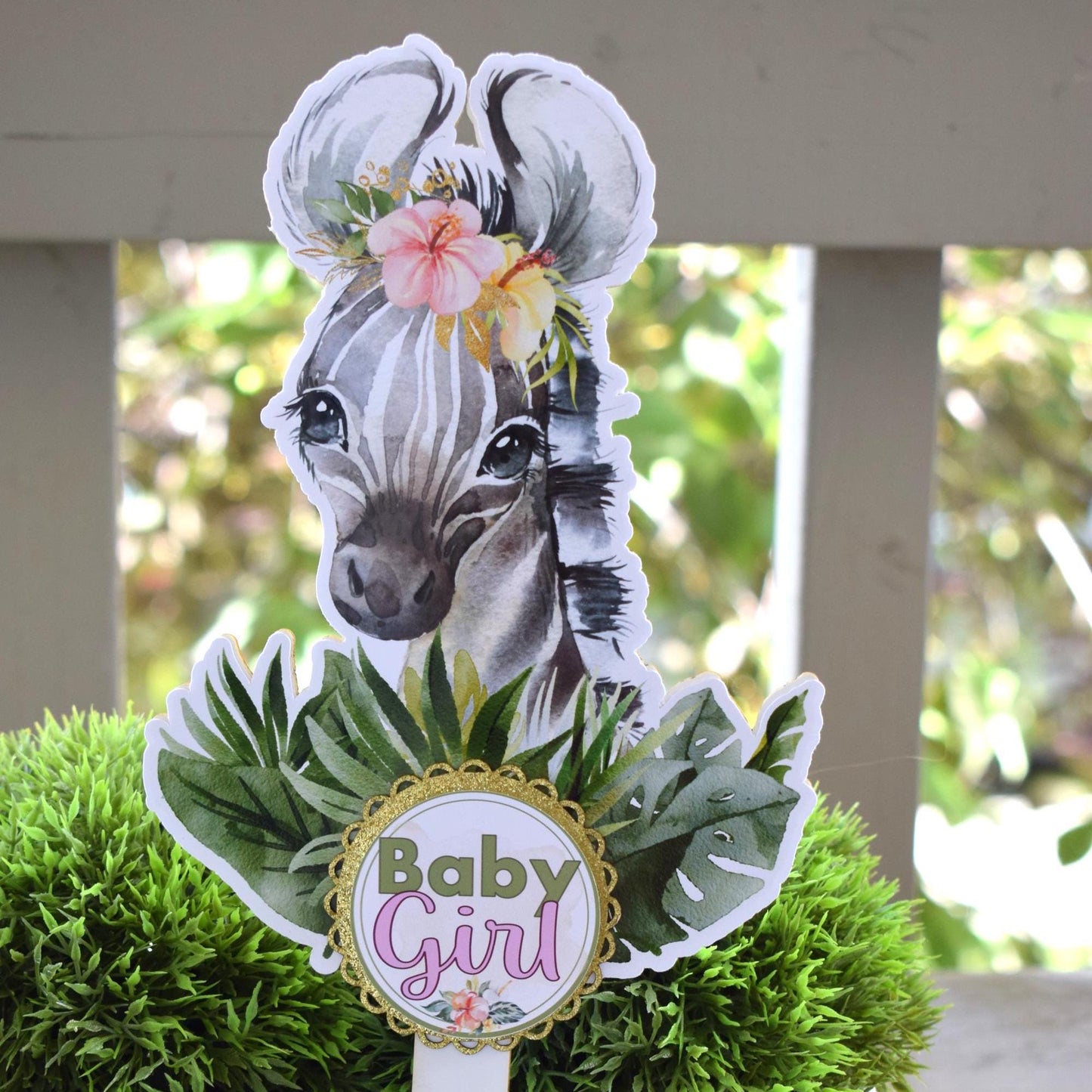 Girl Tropical Zebra Cake Toppers, Safari Baby Shower Party, Zebra Baby Shower Centerpieces Decorations, New Mom Gifts - S0001