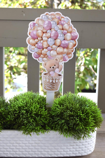 Girl Air Balloon Bear Cake Toppers, Pink Bear Baby Shower, Bear Party, Cupcake, Bear Baby Shower Decorations - S0002