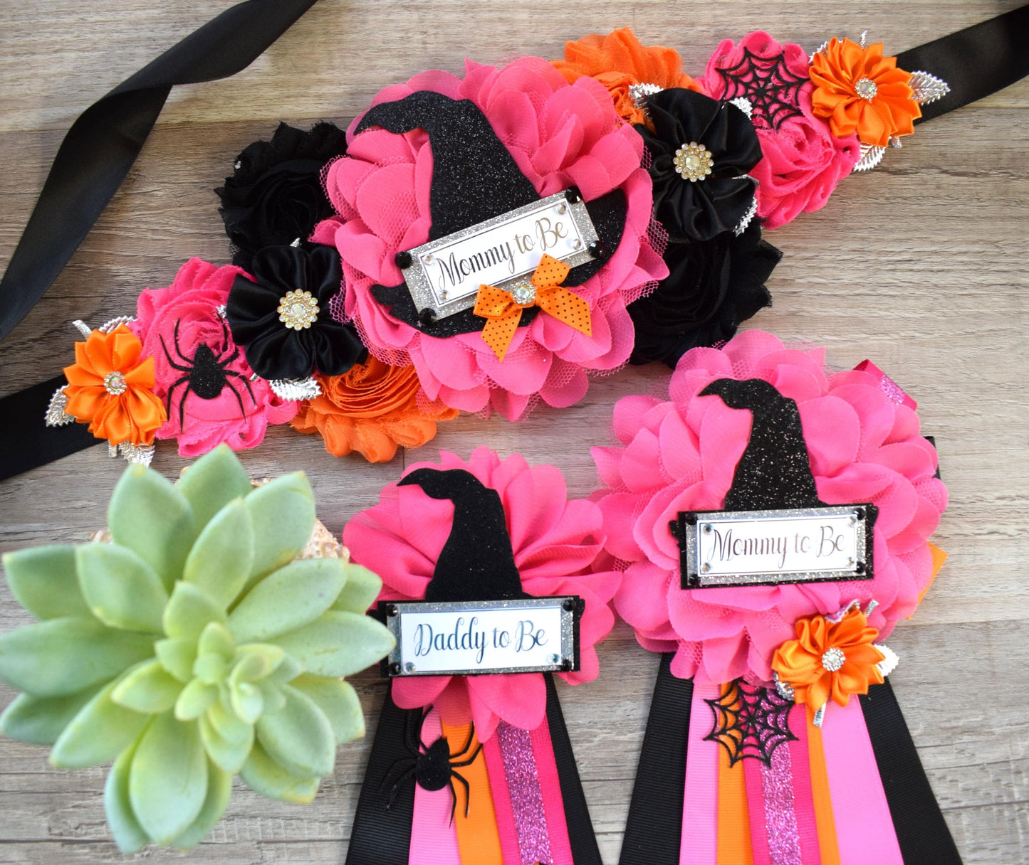 Witch Hat Halloween Baby Shower, Fuchsia Orange Maternity Sash, Mommy To Be Ribbon, Daddy To Be Pin, Halloween Baby Shower Gift, Custom - Celebrations By Cris