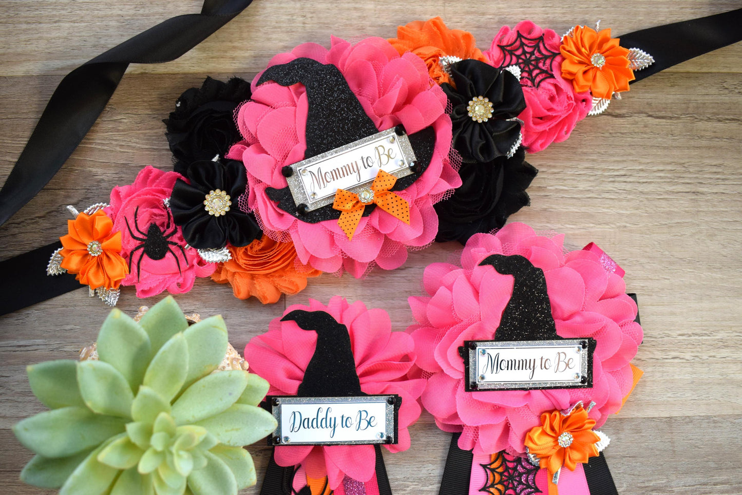 Witch Hat Halloween Baby Shower, Fuchsia Orange Maternity Sash, Mommy To Be Ribbon, Daddy To Be Pin, Halloween Baby Shower Gift, Custom - Celebrations By Cris