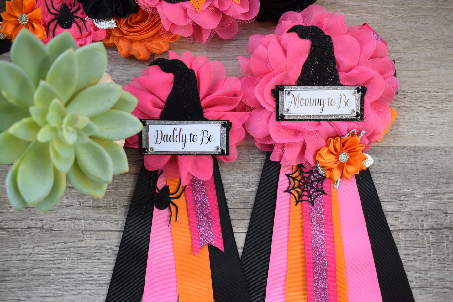 Witch Hat Halloween Baby Shower, Fuchsia Orange Maternity Sash, Mommy To Be Ribbon, Daddy To Be Pin, Halloween Baby Shower Gift, Custom - Celebrations By Cris