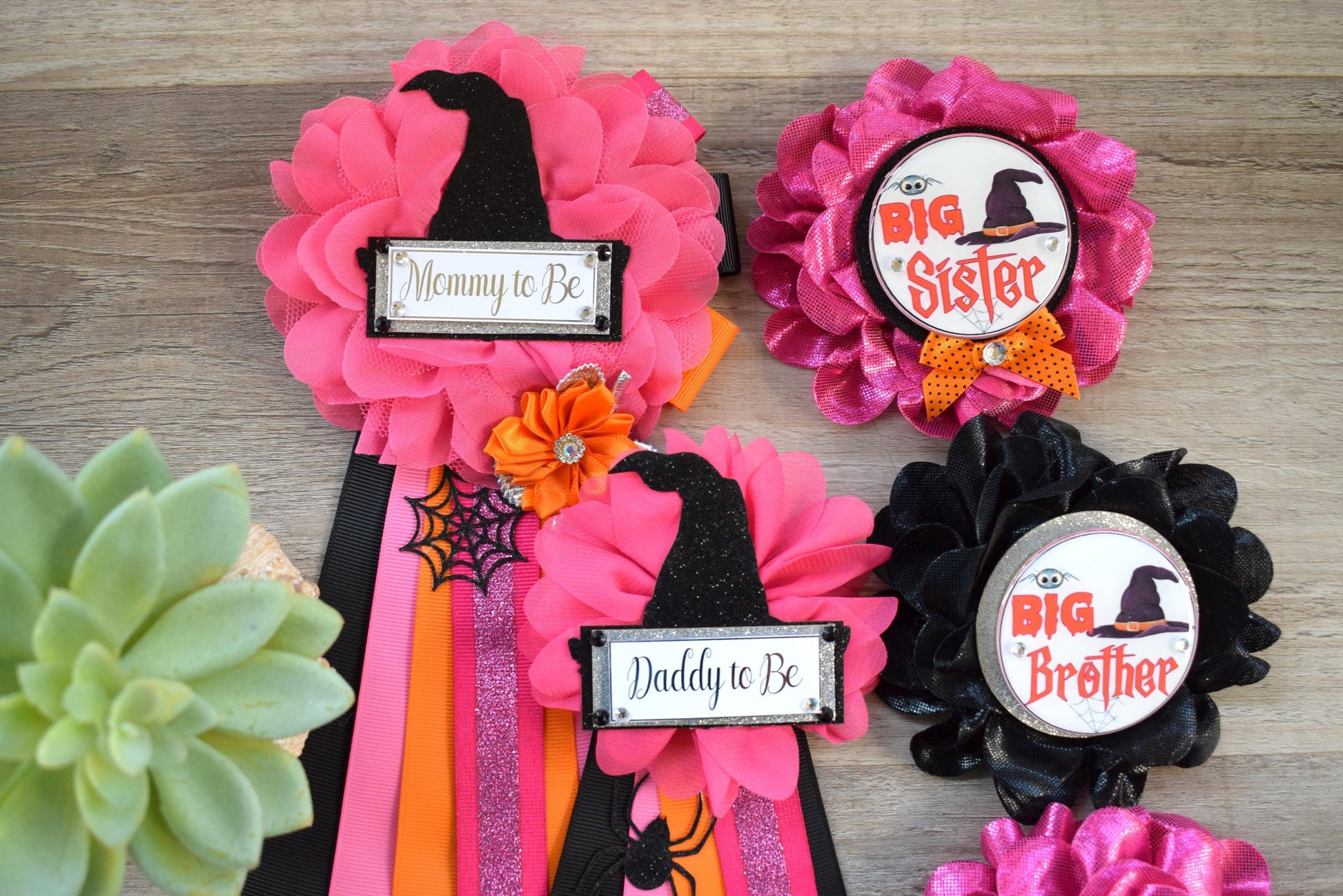 Witch Hat Halloween Baby Shower, Fuchsia Orange Maternity Sash, Mommy To Be Ribbon, Daddy To Be Pin, Halloween Baby Shower Gift, Custom - Celebrations By Cris