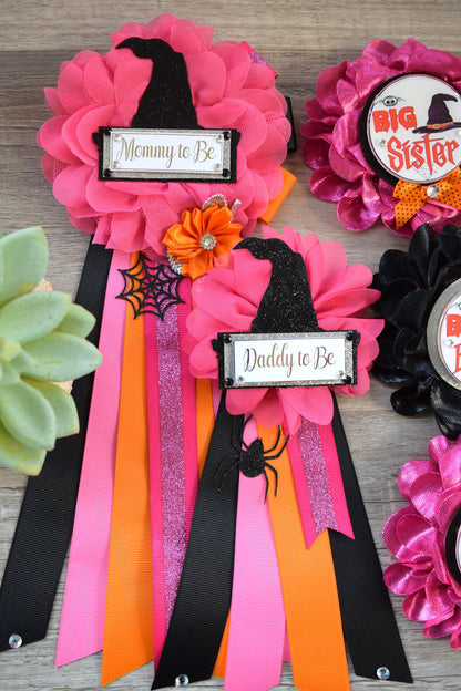 Witch Hat Halloween Baby Shower, Fuchsia Orange Maternity Sash, Mommy To Be Ribbon, Daddy To Be Pin, Halloween Baby Shower Gift, Custom - Celebrations By Cris