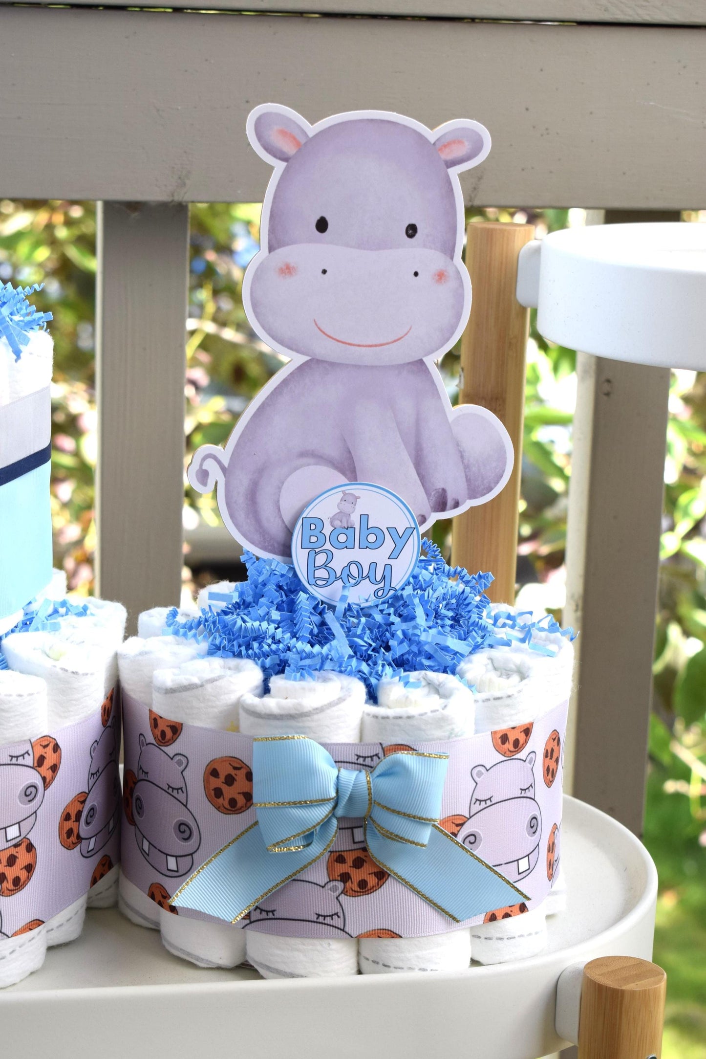 Rhino Mini Diaper Cake Baby Shower, Diaper Cake Centerpieces Decor, Blue Boy Rhino Baby Shower, Room Nursery Decor, New Mom Gifts - S00024