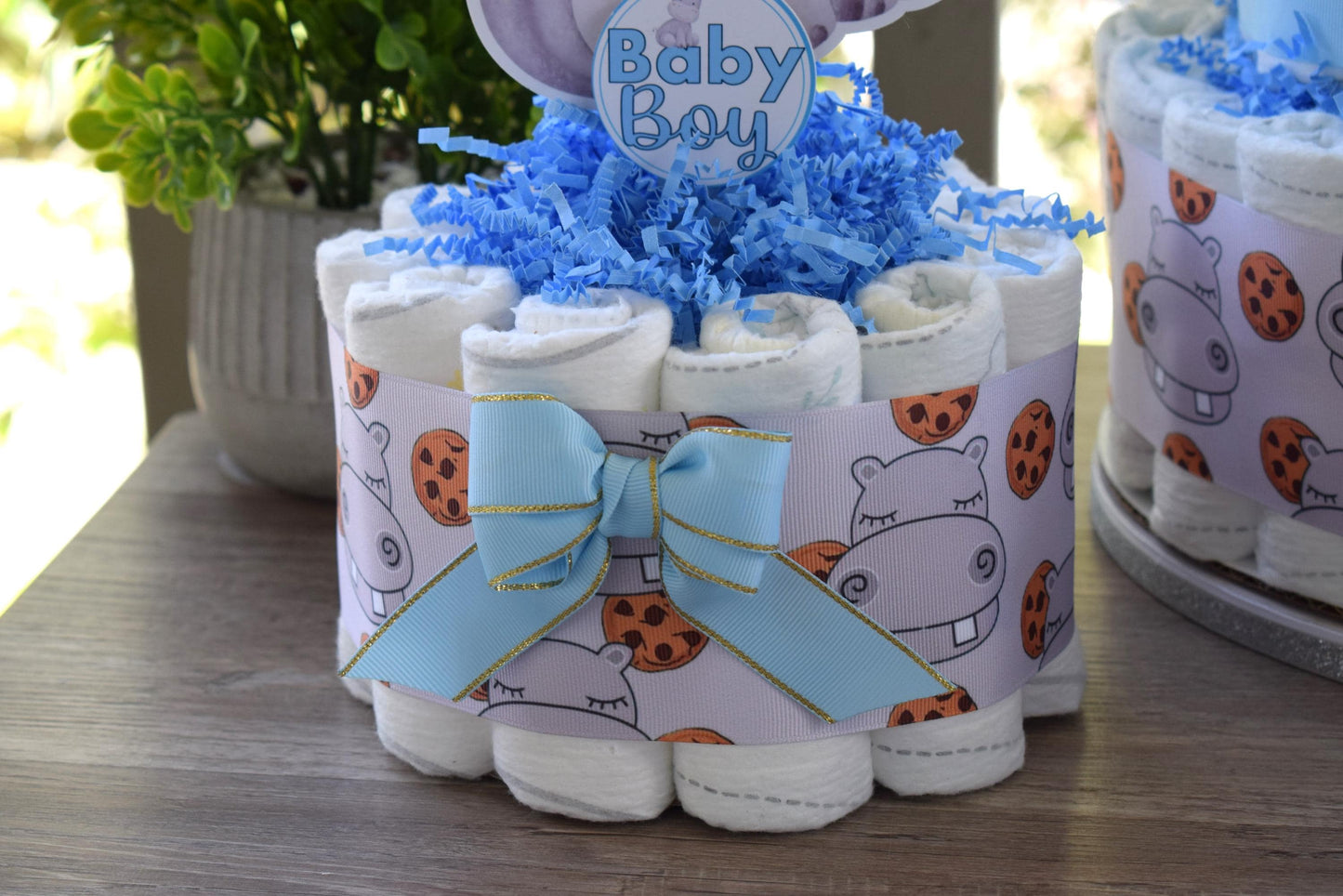 Rhino Mini Diaper Cake Baby Shower, Diaper Cake Centerpieces Decor, Blue Boy Rhino Baby Shower, Room Nursery Decor, New Mom Gifts - S00024