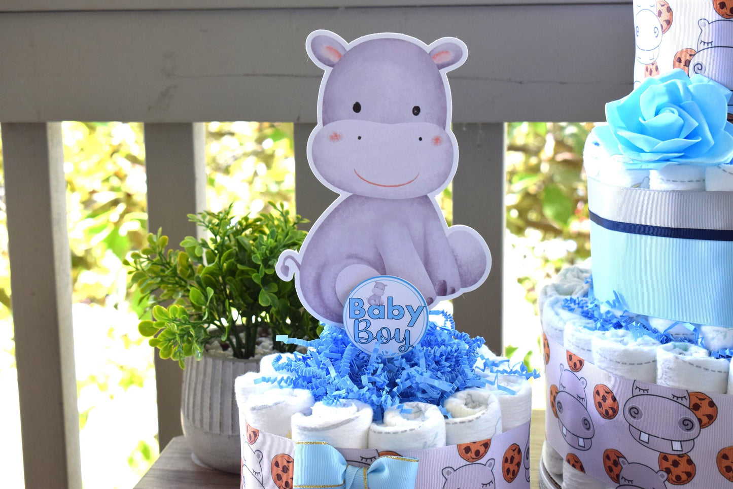 Rhino Mini Diaper Cake Baby Shower, Diaper Cake Centerpieces Decor, Blue Boy Rhino Baby Shower, Room Nursery Decor, New Mom Gifts - S00024