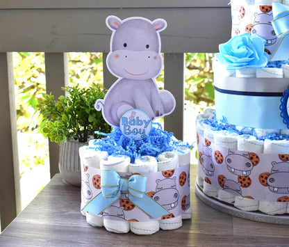 Rhino Mini Diaper Cake Baby Shower, Diaper Cake Centerpieces Decor, Blue Boy Rhino Baby Shower, Room Nursery Decor, New Mom Gifts - S00024