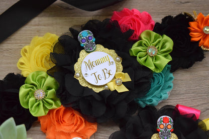 Sugar Skull Halloween Baby Shower, Fuchsia Orange Maternity Sash, Mommy To Be Ribbon, Daddy To Be Pin, Sugar Skull Baby Shower Gift, Custom - Celebrations By Cris