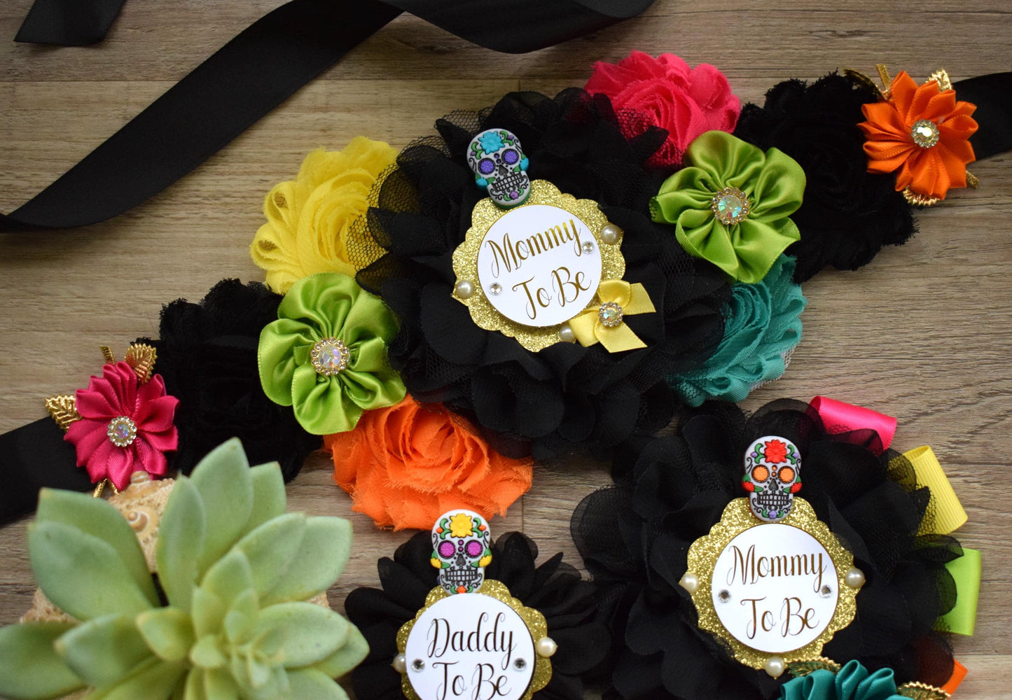 Sugar Skull Halloween Baby Shower, Fuchsia Orange Maternity Sash, Mommy To Be Ribbon, Daddy To Be Pin, Sugar Skull Baby Shower Gift, Custom - Celebrations By Cris