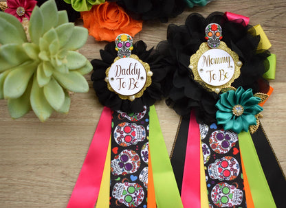 Sugar Skull Halloween Baby Shower, Fuchsia Orange Maternity Sash, Mommy To Be Ribbon, Daddy To Be Pin, Sugar Skull Baby Shower Gift, Custom - Celebrations By Cris