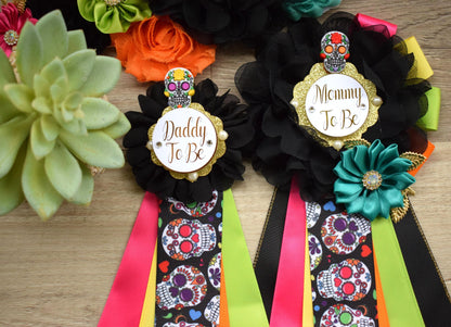 Sugar Skull Halloween Baby Shower, Fuchsia Orange Maternity Sash, Mommy To Be Ribbon, Daddy To Be Pin, Sugar Skull Baby Shower Gift, Custom - Celebrations By Cris