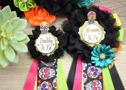 Sugar Skull Halloween Baby Shower, Fuchsia Orange Maternity Sash, Mommy To Be Ribbon, Daddy To Be Pin, Sugar Skull Baby Shower Gift, Custom - Celebrations By Cris