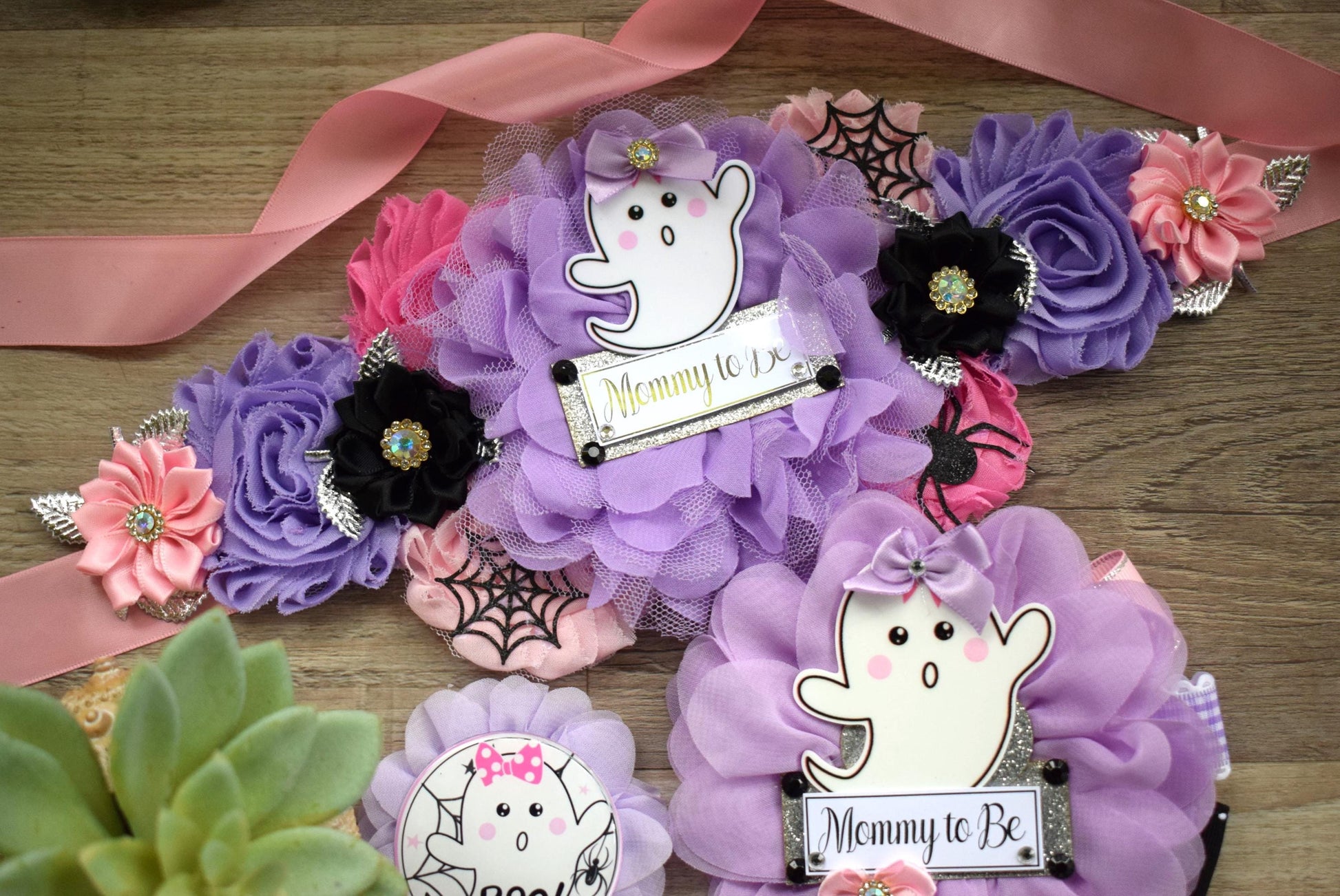 Girl Pink Lavender Ghost Halloween Baby Shower, Pink Maternity Sash, Mommy To Be Ribbon, Daddy To Be Pin, Halloween Baby Shower Gift, Custom - Celebrations By Cris