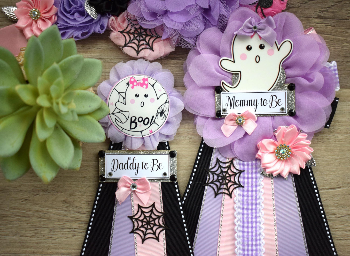 Girl Pink Lavender Ghost Halloween Baby Shower, Pink Maternity Sash, Mommy To Be Ribbon, Daddy To Be Pin, Halloween Baby Shower Gift, Custom - Celebrations By Cris