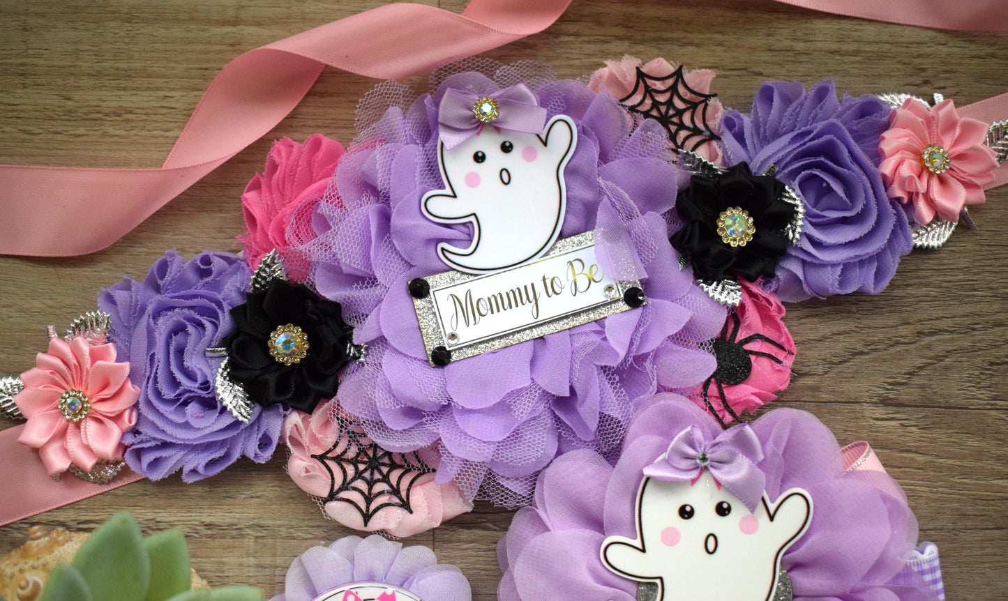 Girl Pink Lavender Ghost Halloween Baby Shower, Pink Maternity Sash, Mommy To Be Ribbon, Daddy To Be Pin, Halloween Baby Shower Gift, Custom - Celebrations By Cris