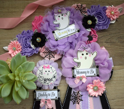 Girl Pink Lavender Ghost Halloween Baby Shower, Pink Maternity Sash, Mommy To Be Ribbon, Daddy To Be Pin, Halloween Baby Shower Gift, Custom - Celebrations By Cris