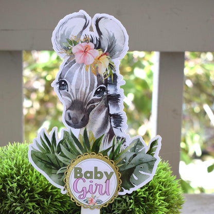 Girl Tropical Zebra Cake Toppers, Safari Baby Shower Party, Zebra Baby Shower Centerpieces Decorations, New Mom Gifts - S0001