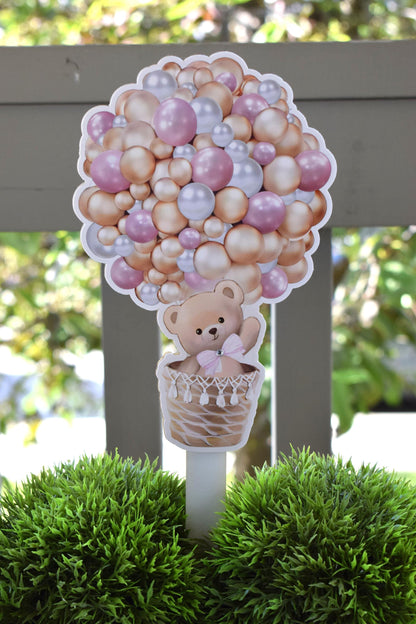 Girl Air Balloon Bear Cake Toppers, Pink Bear Baby Shower, Bear Party, Cupcake, Bear Baby Shower Decorations - S0002