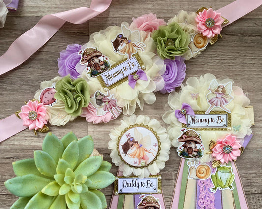 Fairytale Baby Shower, Fairy Pink Maternity Sash, Mommy To Be Ribbon Pin, Daddy To Be Badge Pin, Butterfly, Fairy Garden Mushrooms, Custom - Celebrations By Cris