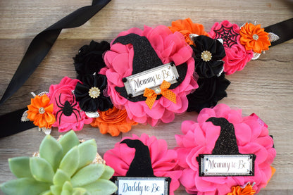 Witch Hat Halloween Baby Shower, Fuchsia Orange Maternity Sash, Mommy To Be Ribbon, Daddy To Be Pin, Halloween Baby Shower Gift, Custom - Celebrations By Cris