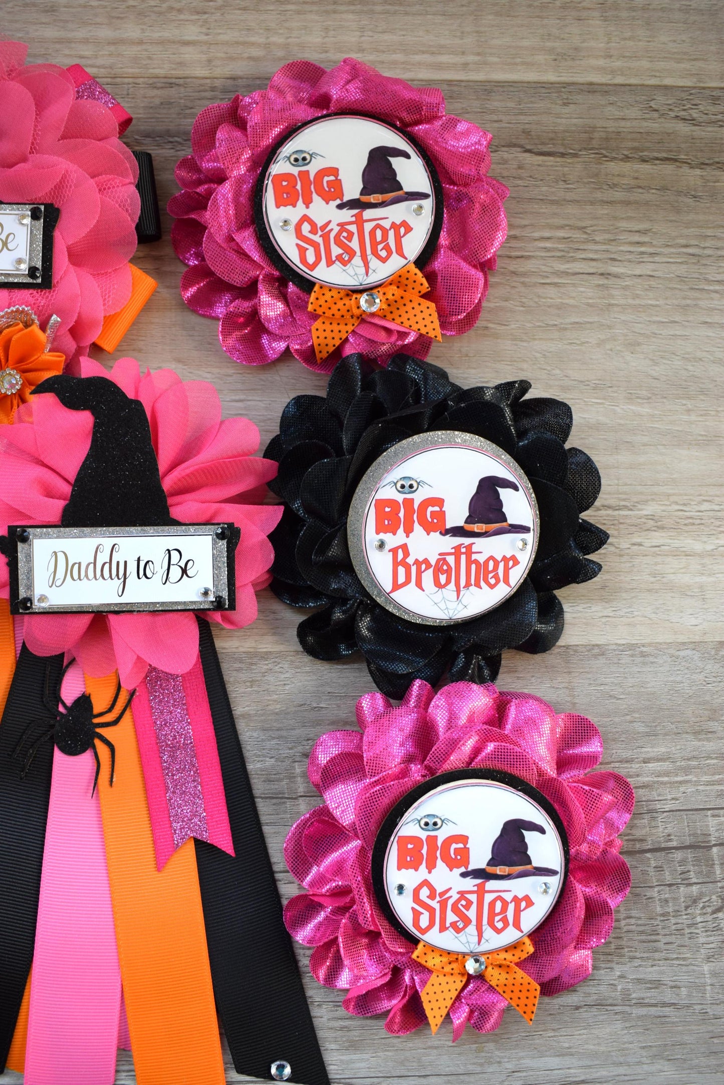 Witch Hat Halloween Baby Shower, Fuchsia Orange Maternity Sash, Mommy To Be Ribbon, Daddy To Be Pin, Halloween Baby Shower Gift, Custom - Celebrations By Cris