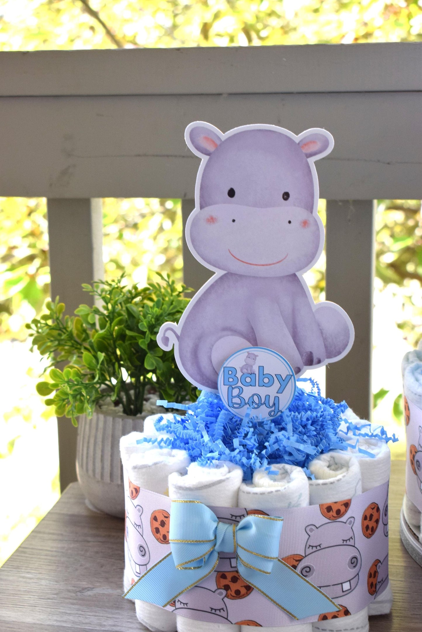 Rhino Mini Diaper Cake Baby Shower, Diaper Cake Centerpieces Decor, Blue Boy Rhino Baby Shower, Room Nursery Decor, New Mom Gifts - S00024