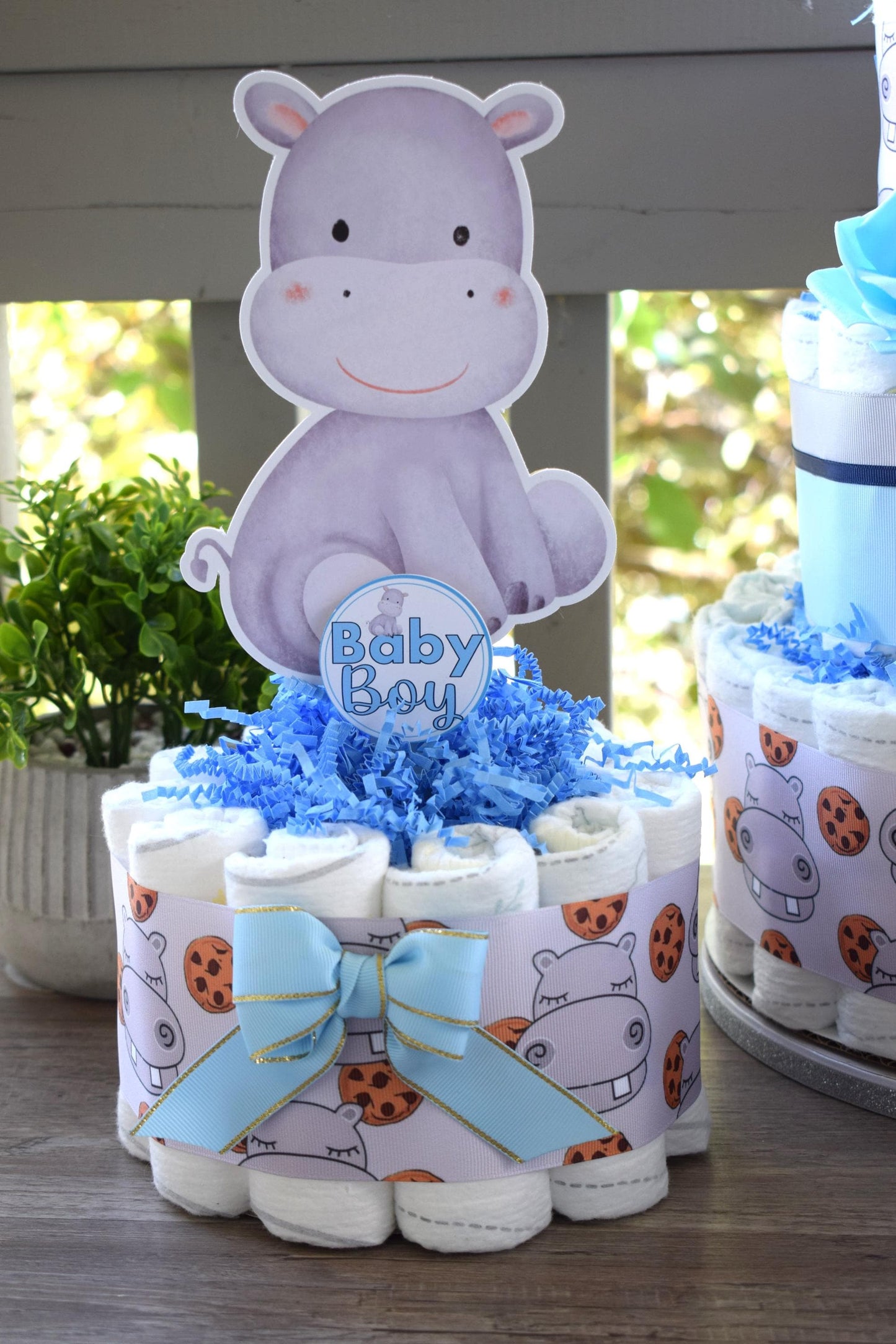 Rhino Mini Diaper Cake Baby Shower, Diaper Cake Centerpieces Decor, Blue Boy Rhino Baby Shower, Room Nursery Decor, New Mom Gifts - S00024