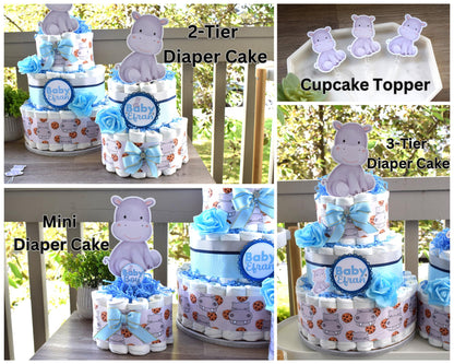 Rhino Mini Diaper Cake Baby Shower, Diaper Cake Centerpieces Decor, Blue Boy Rhino Baby Shower, Room Nursery Decor, New Mom Gifts - S00024