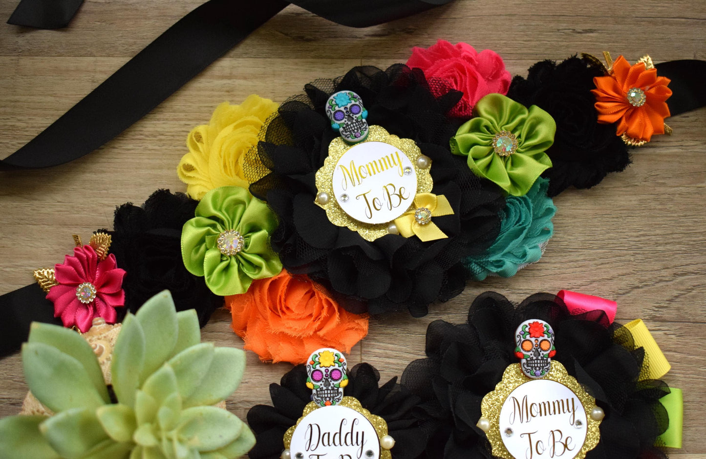 Sugar Skull Halloween Baby Shower, Fuchsia Orange Maternity Sash, Mommy To Be Ribbon, Daddy To Be Pin, Sugar Skull Baby Shower Gift, Custom - Celebrations By Cris