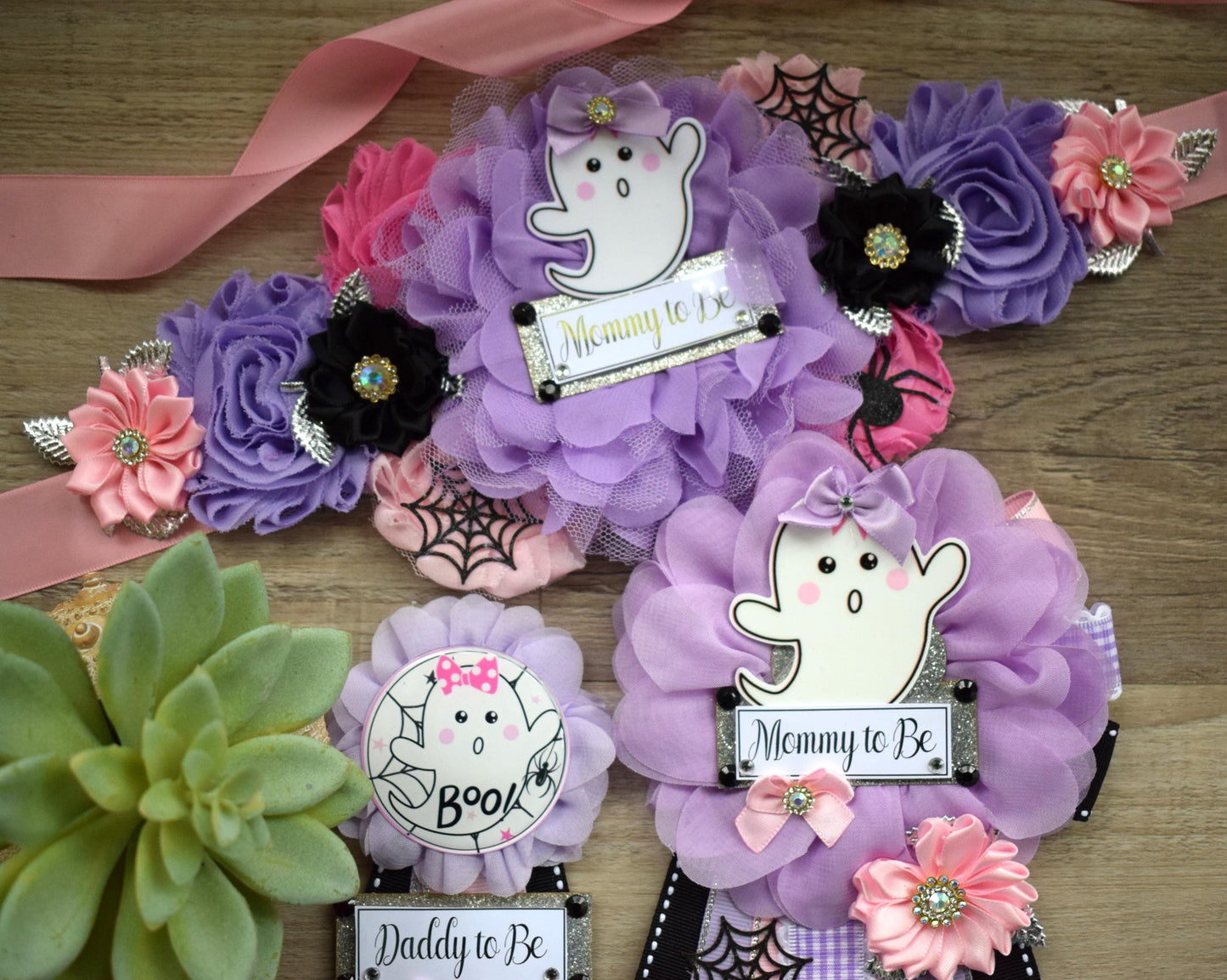 Girl Pink Lavender Ghost Halloween Baby Shower, Pink Maternity Sash, Mommy To Be Ribbon, Daddy To Be Pin, Halloween Baby Shower Gift, Custom - Celebrations By Cris