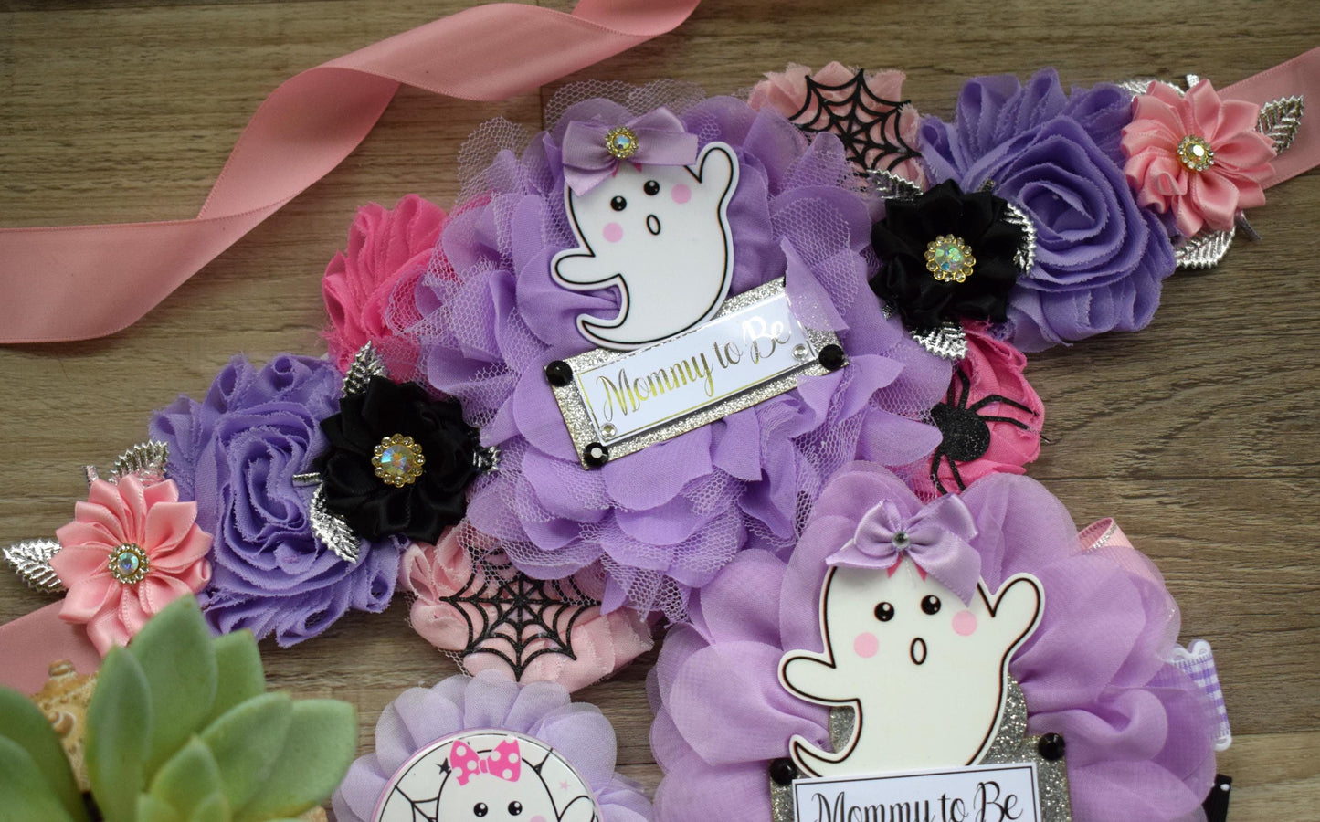 Girl Pink Lavender Ghost Halloween Baby Shower, Pink Maternity Sash, Mommy To Be Ribbon, Daddy To Be Pin, Halloween Baby Shower Gift, Custom - Celebrations By Cris