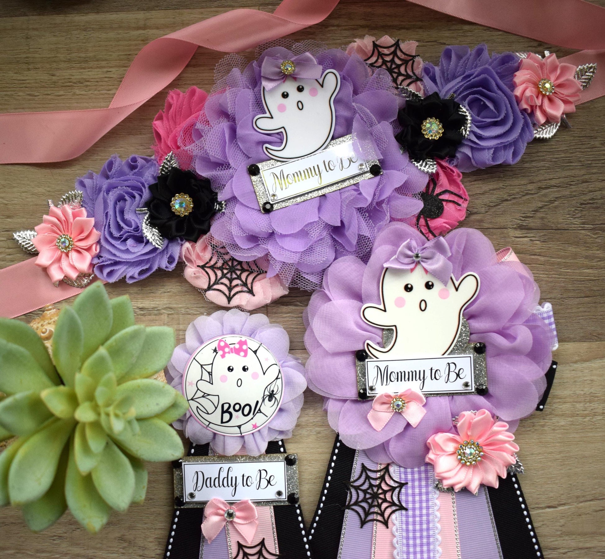 Girl Pink Lavender Ghost Halloween Baby Shower, Pink Maternity Sash, Mommy To Be Ribbon, Daddy To Be Pin, Halloween Baby Shower Gift, Custom - Celebrations By Cris