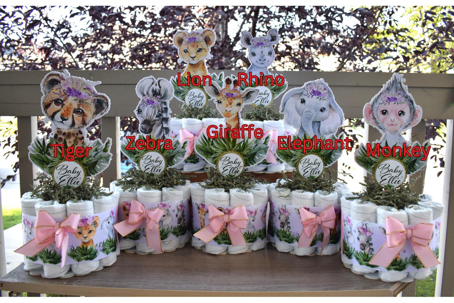 Girl Jungle Safari Mini Diaper Cake Set Baby Shower, Pink And Lavender Baby Shower Centerpieces Decorations, Girls New Mom Gifts - S0002