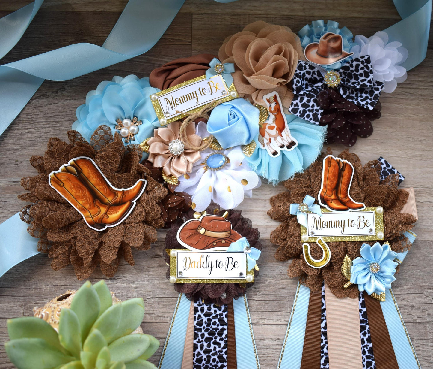 Blue Cowboy Baby Shower, Blue Cowboy Maternity Sash, Boy Cowboy Mommy and Daddy To Be Pin, Blue Brown Flower Sash, Blue Boot Hat Corsage Pin - Celebrations By Cris