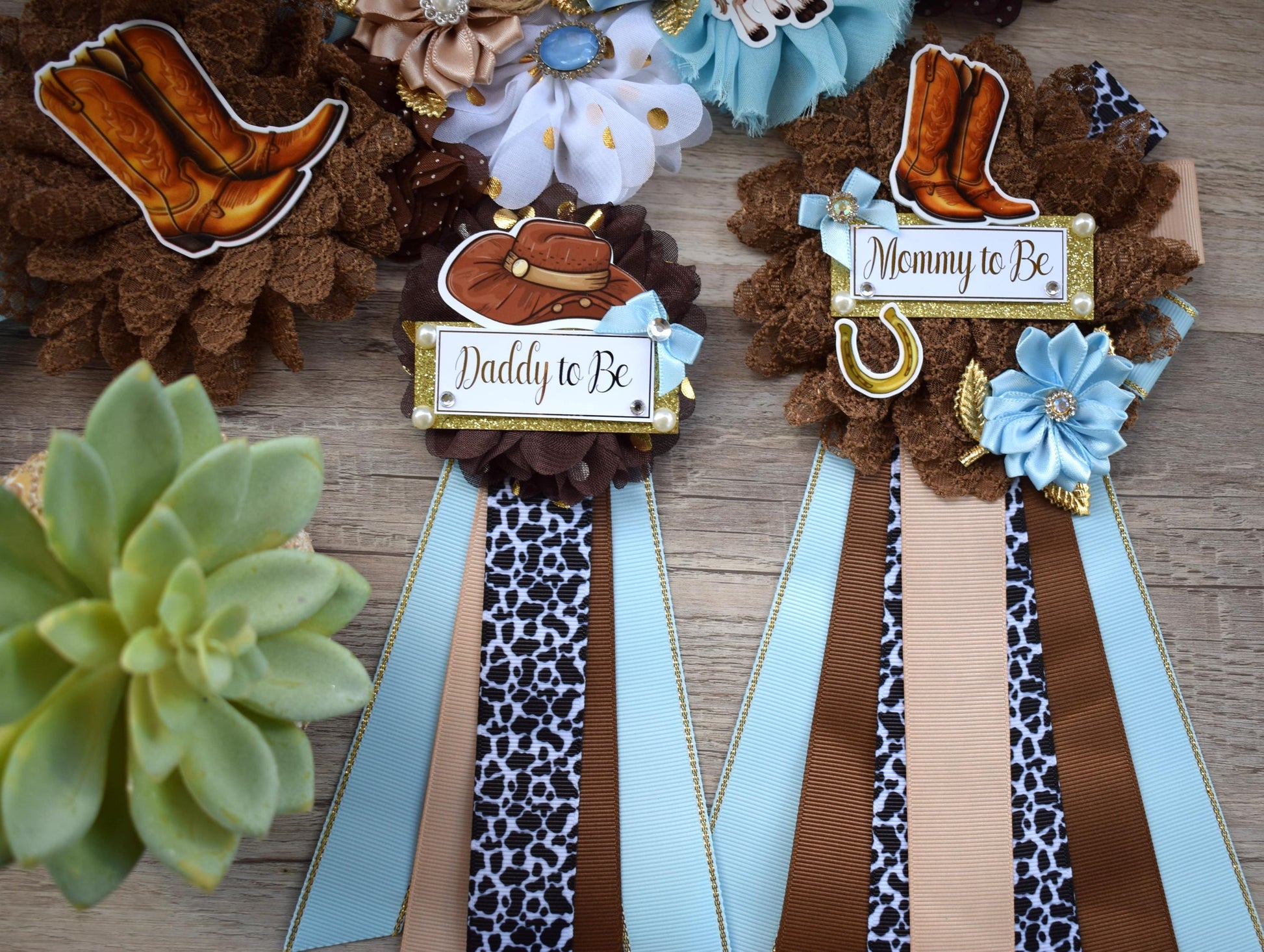 Blue Cowboy Baby Shower, Blue Cowboy Maternity Sash, Boy Cowboy Mommy and Daddy To Be Pin, Blue Brown Flower Sash, Blue Boot Hat Corsage Pin - Celebrations By Cris