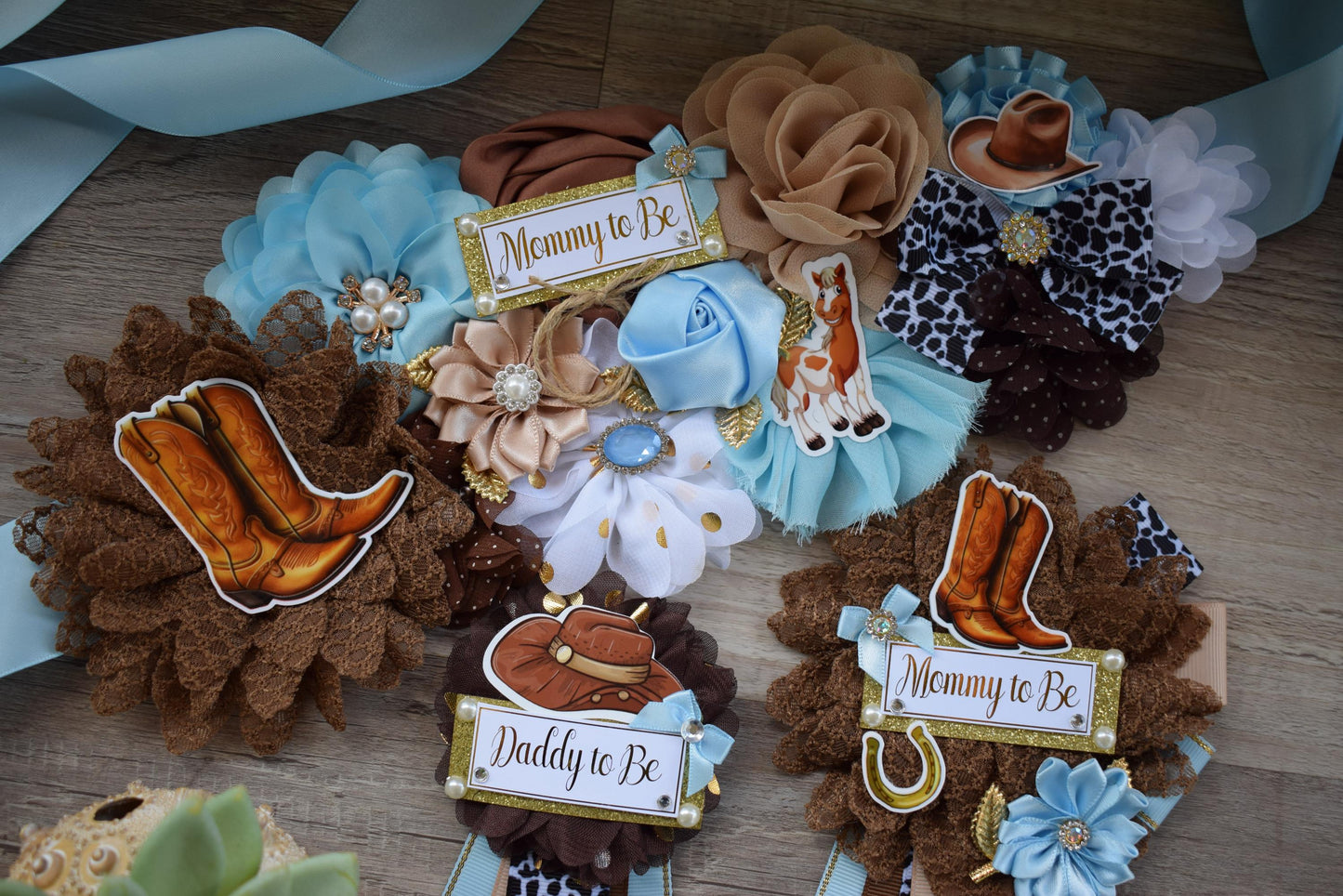 Blue Cowboy Baby Shower, Blue Cowboy Maternity Sash, Boy Cowboy Mommy and Daddy To Be Pin, Blue Brown Flower Sash, Blue Boot Hat Corsage Pin - Celebrations By Cris