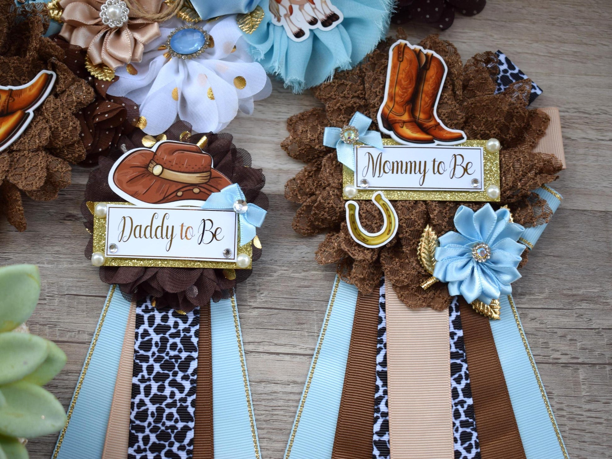 Blue Cowboy Baby Shower, Blue Cowboy Maternity Sash, Boy Cowboy Mommy and Daddy To Be Pin, Blue Brown Flower Sash, Blue Boot Hat Corsage Pin - Celebrations By Cris