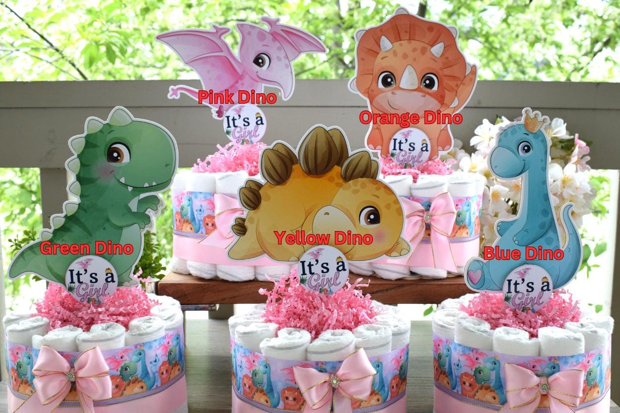 Girl Dinosaur Mini Diaper Cake Baby Shower, Pink Dino Diaper Cake Centerpieces Decor, Dinosaur Party, Room Nursery Decor, New Mom Gift - S14