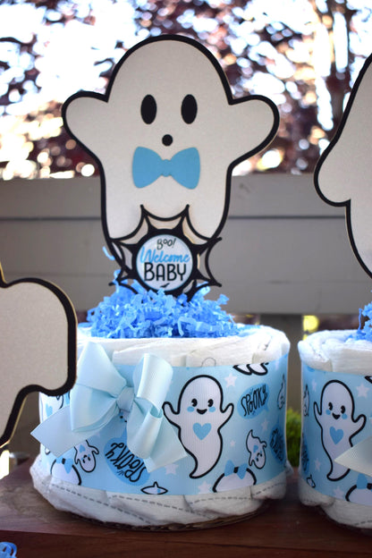 Blue Boy Ghost Mini Diaper Cake Baby Shower, Boy Blue Halloween Baby Shower Centerpieces Decorations, Blue Ghost Shower Party Decor - S0011