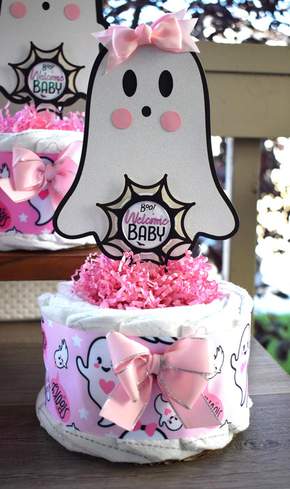 Pink Girl Ghost Mini Diaper Cake Baby Shower, Girl Pink Halloween Baby Shower Centerpieces Decorations, Pink Ghost Shower Party Decor - S011