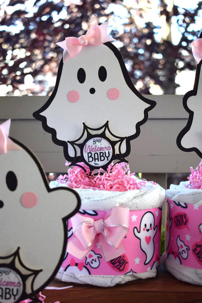 Pink Girl Ghost Mini Diaper Cake Baby Shower, Girl Pink Halloween Baby Shower Centerpieces Decorations, Pink Ghost Shower Party Decor - S011