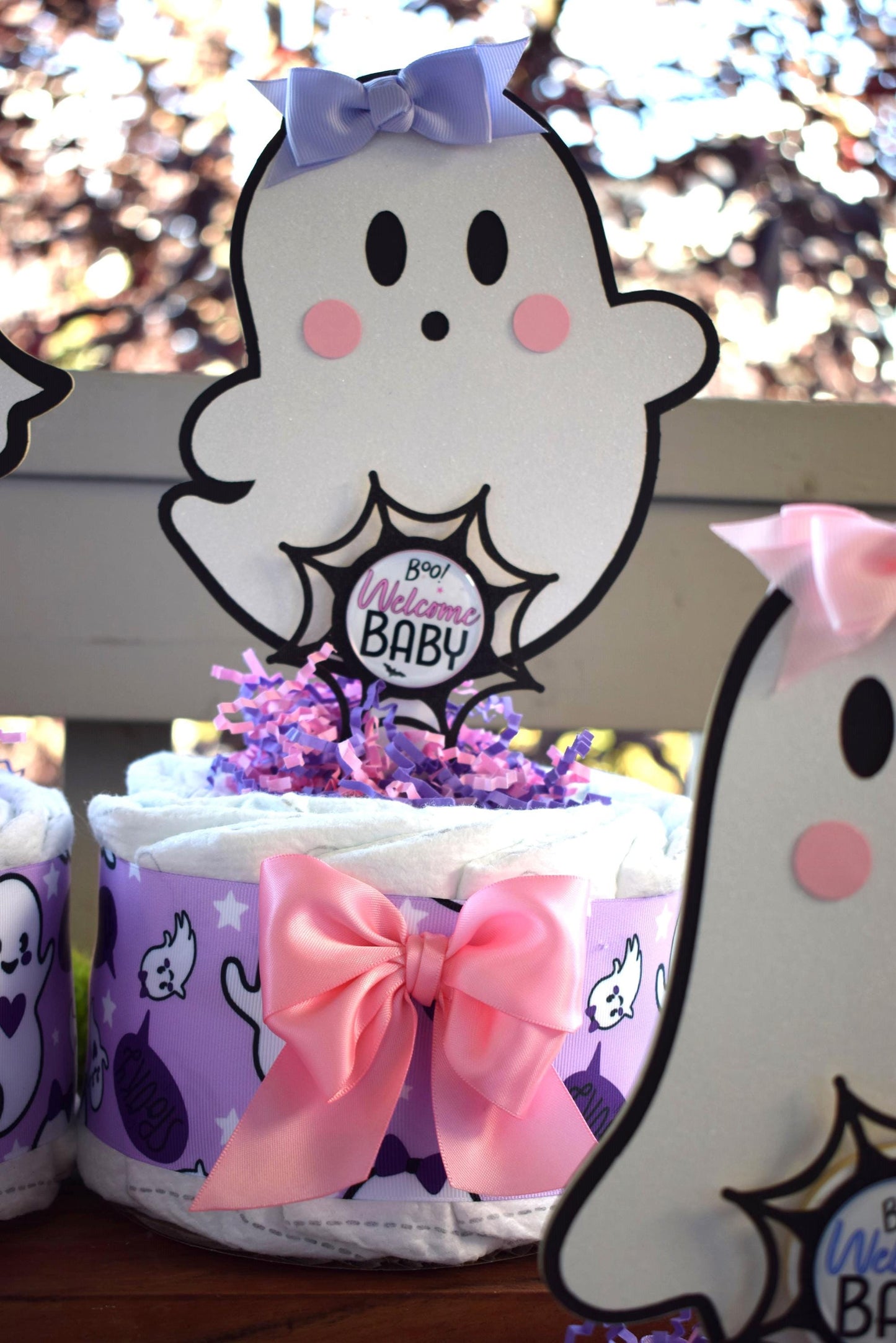 Pink Lavender Ghost Mini Diaper Cake Baby Shower, Girl Pink Halloween Baby Shower Centerpieces Decorations, Purple Ghost Shower Party Decor