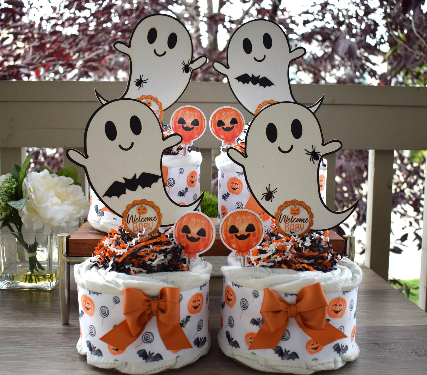 Halloween Pumpkin Ghost Mini Diaper Cake Baby Shower, Halloween Baby Shower Centerpieces Decoration, Orange Ghost Shower Party Decor