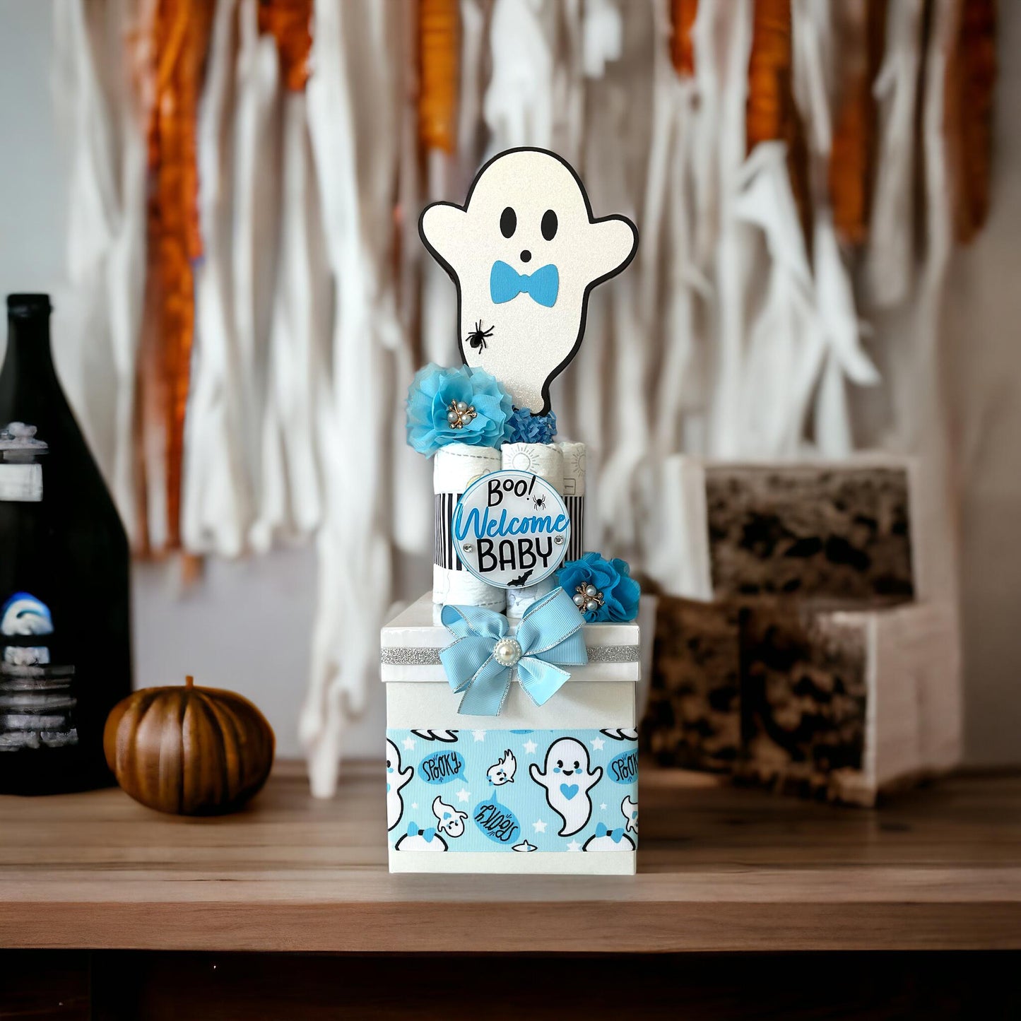 Blue Boy Ghost Centerpiece Baby Shower, Diaper Cake Baby Shower, Centerpieces Decorations, Boy Room Decor, Baby Shower Present, New Mom Gift