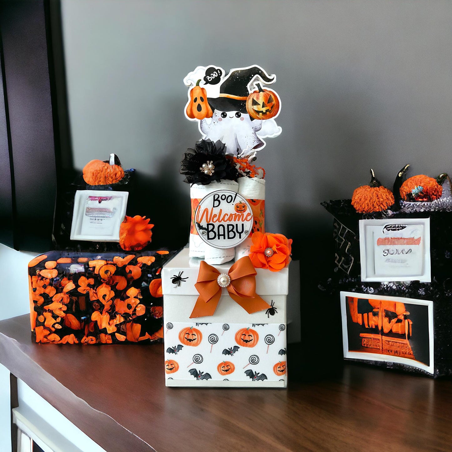 Orange Ghost Centerpiece Baby Shower, Diaper Cake Baby Shower, Centerpieces Decorations, Boy Room Decor, Baby Shower Present, New Mom Gift