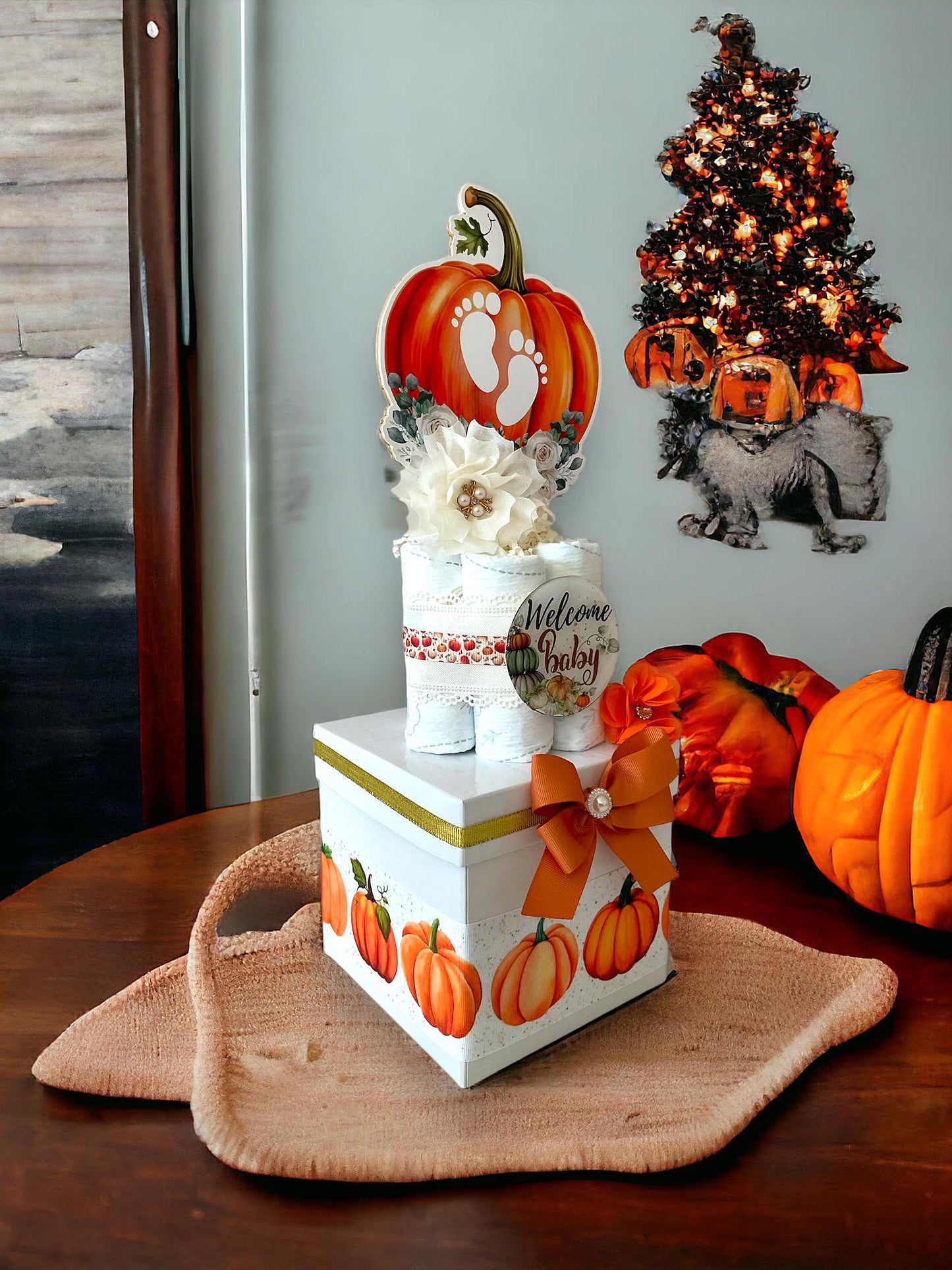 Orange Pumpkin Centerpiece Baby Shower, Gender Reveal Diaper Cake Baby Shower, Centerpieces Decorations, Boy Girl Room Decor, New Mom Gift