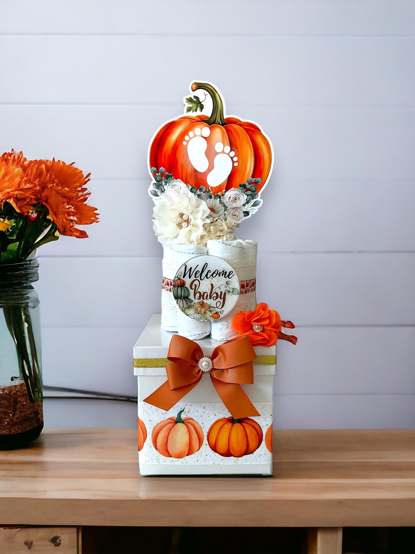 Orange Pumpkin Centerpiece Baby Shower, Gender Reveal Diaper Cake Baby Shower, Centerpieces Decorations, Boy Girl Room Decor, New Mom Gift